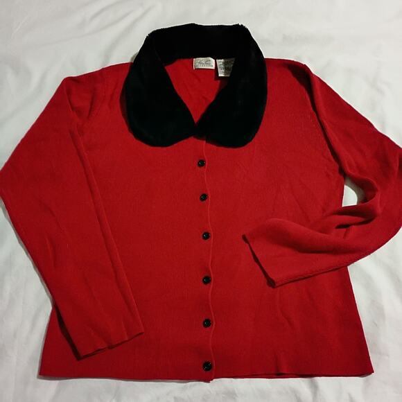 VTG Faux Fur Collar L Red Cardigan Sweater Kathie Lee Collection Cotton Blend - Picture 3 of 13